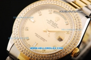 Rolex Day Date II Automatic Movement Champagne Dial with Double Row Diamond Bezel - Diamond Markers and Two Tone Strap