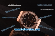 Hublot Classic Fusion Chronograph Miyota Quartz Rose Gold Case - Diamond Bezel with Black Dial and Black Rubber Strap - 7750 Coating