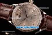 Rolex Cellini Asia Automatic Steel Case with Silver Dial Stick Markers and Brown Leather Strap - Diamonds Bezel (BP)