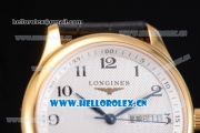Longines Master Day Date Swiss ETA 2824 Automatic Yellow Gold Case with White Dial Black Leather Strap and Arabic Numeral Markers