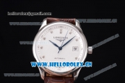 Longines Master Swiss ETA 2824 Automatic Steel Case with White Dial Diamonds Markers and Brown Leather Strap (ZF)