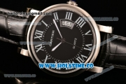 Cartier Rotonde De Miyota Quartz Steel Case with Black Dial Roman Numeral Markers and Black Leather Strap