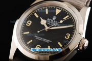 Rolex Explorer Automatic Movement Steel Case with Black Dial-Yellow Markers and Grey Nylon Strap