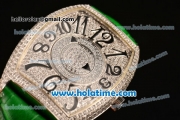 Franck Muller Cintree Curvex Swiss Quartz Steel/Diamonds Case with Diamonds Dial Numeral Markers and Green Leather Strap