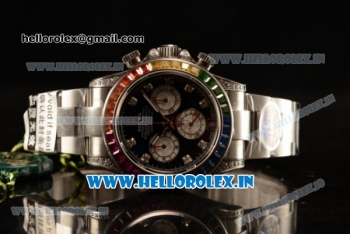 Rolex Cosmograph Daytona Rainbow Diamond Chrono Swiss Valjoux 7750 Automatic Steel Case Black Dial With Diamonds Markers Steel Bracelet