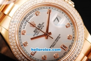 Rolex Day Date II Automatic Movement Full Rose Gold with Double Row Diamond Bezel-Diamond Markers and Silver Dial