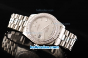 Rolex Day Date II Automatic Movement Full Steel with Diamond Bezel-Diamond Markers and Grey Dial