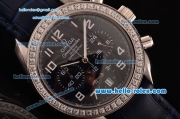 Omega Speedmaster Chrono Swiss Quartz Steel Case Diamond Bezel with Blue Leather Strap and Black Dial Numeral Markers