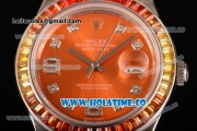 Rolex Datejust Pearlmaster Asia 2813 Automatic Full Steel with Orange Dial and Diamonds Markers - Rainbow Diamoand Bezel (BP)