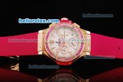 Hublot Big Bang Chronograph Quartz Movement White Dial with Pink Diamond Bezel and Pink Rubber Strap-Lady Size