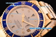 Rolex Submariner Asia 2813 Automatic Yellow Gold Case/Strap with Silver Dial Diamond Markers and Blue Bezel - ETA Coating
