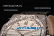 Audemars Piguet Royal Oak Lady Swiss Quartz Steel Case with Diamonds Bezel Black Leather Strap and White Dial