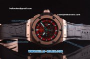 Hublot King Power Swiss Valjoux 7750 Automatic Rose Gold Case with Red Skeleton Dial and Black Leather Strap