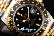 Rolex GMT Master II Automatic Movement Black Dial with Black Bezel and White Markers-Two Tone Strap