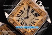 Cartier Santos 100 Medium Swiss ETA 2824 Automatic Steel Case with Diamonds Bezel and Beige Dial