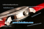 Cartier Rotonde De Swiss Quartz Steel Case with Diamonds Bezel Skeleton Dial and Red Leather Strap
