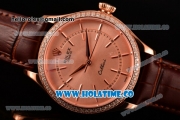 Rolex Cellini Asia Automatic Rose Gold Case with Stick Markers Rose Gold Dial and Brown Leather Strap - Diamonds Bezel