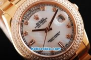 Rolex Day Date II Automatic Movement Full Rose Gold with Double Row Diamond Bezel-Diamond Markers and White MOP Dial