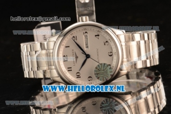 Longines Master Date Day Swiss ETA 2824 Automatic Steel Case White Dial Arabic Numeral Markers and Steel Bracelet