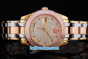 Rolex Day-Date Automatic Movement with Diamond Golden Dial and Full Diamond Rose Gold Bezel-Red Marking