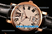 Cartier Rotonde De Miyota Quartz Rose Gold Case with White Dial and Black Leather Strap - Roman Numeral Markers