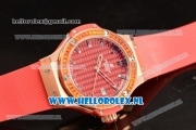 Hublot Big Bang Tutti Japanese Miyota Quartz Rose Gold Case with Red Dial Stick Markers and Red Rubber Strap