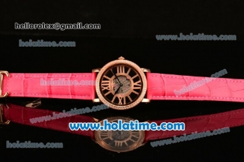 Cartier Rotonde De Swiss Quartz Rose Gold Case with Diamonds Bezel Skeleton Dial and Hot Pink Leather Strap