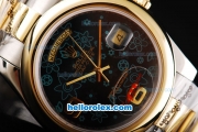 Rolex Day-Date II Oyster Perpetual Automatic Movement Two Tone with Gold Bezel and Flower Pattern Black Dial