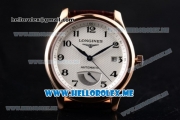 Longines Master Power Reserve Swiss ETA 2824 Automatic Rose Gold Case with White Dial and Brown Leather Strap Arabic Numeral Markers