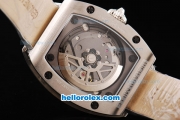 Richard Mille RM007 Automatic Movement Silver Case with Diamond Hour Marker and Diamond Bezel-Silver White Leather Strap