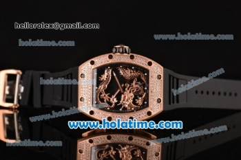 Richard Mille Tourbillon RM 057 Dragon Swiss ETA 2824 Automatic Rose Gold&Diamonds Case with Black Rubber Strap and Dragon Dial