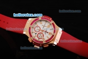 Hublot Big Bang Chronograph Swiss Valjoux 7750 Automatic Movement White Dial with Pink Diamond Bezel and Red Rubber Strap
