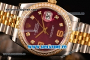 Rolex Datejust Asia Automatic Yellow Gold/Steel Case with Diamonds Bezel Rose Red Dial and Diamonds Markers (BP)