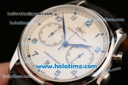 IWC Portuguese Chrono Miyota OS20 Quartz Steel Case with White Dial Blue Numeral Markers and Black Leather Bracelet