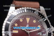 Rolex Submariner Vintage Asia 2813 Automatic Steel Case Red Dial Dot Markers and Brown Nylon Strap