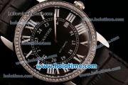 Cartier Ronde Solo Swiss ETA 2836 Automatic Steel Case with Diamond Bezel White Roman Numeral Markers and Black Leather Strap