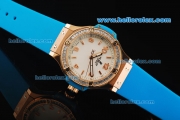 Hublot Big Bang Swiss Quartz Movement Rose Gold Case with Diamond Bezel and Blue Rubber Strap