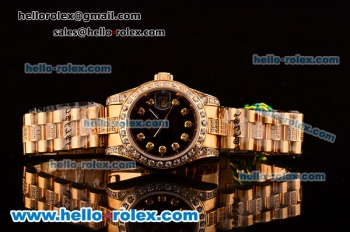 Rolex Dtejust 26MM Swiss ETA 2671 Automatic Yellow Gold Case with Diamond Markers Black DIal and Rose Gold/Diamond Strap