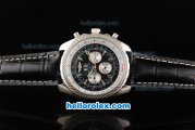 Breitling for Bentley Automatic Movement Steel Case with Black Dial and Silver Stick Markers-Black Leather Strap