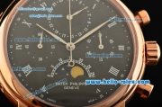 Patek Philippe Copy Venus 75 Manual Winding Working Chronograph Movement Rose Gold Case with Black Dial and Black Leather Strap