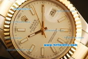 Rolex Datejust II Swiss ETA 2836 Automatic Full Steel with Yellow Gold Bezel and White Dial-White Stick Markers/Two Tone Strap