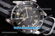 Rolex Submariner Vintage Asia 2813 Automatic Steel Case with Black Dial Stick/Arabic Number Markers and Black/Grey Nylon Strap
