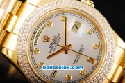 Rolex Day-Date II Automatic Movement Full Gold with Double Row Diamond Bezel-Silver Dial and Diamond Markers