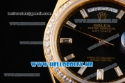 Rolex Day-Date Swiss ETA 2836 Automatic Yellow Gold Case/Bracelet with Black Dial and Stick Markers Diamonds Bezel (BP)