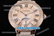 Cartier Ballon Bleu De Small Swiss Quartz Steel Case with Diamonds Bezel White Dial and White Leather Strap - Black Markers