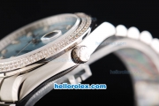 Rolex Day Date II Automatic Movement Full Steel with Double Row Diamond Bezel with Diamond Markers and Light Blue Dial