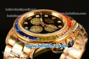 Rolex Daytona II Rainbow Asia 3836 Automatic Yellow Gold Case/Strap with Black Dial and Rainbow Colored Bezel