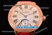 Cartier Ballon Bleu De Small Swiss Quartz Rose Gold Case with Diamonds Bezel White Dial and Hot Pink Leather Strap - Black Markers