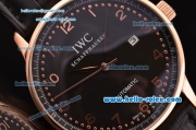 IWC Portuguese 2813 Automatic Rose Gold Case with Numeral Markers Black Leather Strap and Black Dial