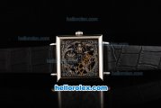 Patek Philippe Quadrate Skeleton Manual Winding Movement with White Bezel and Black Leather Strap